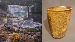 Come Live Inside the Seashore by Jes Lee Shimek (left) and Plowed Earth Vase by Erick Wiger (right)