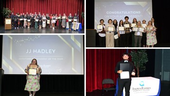 Collage of four photos from an academic awards ceremony showing groups and individuals holding certificates on a stage with red curtains and Anoka-Ramsey Community College branding.